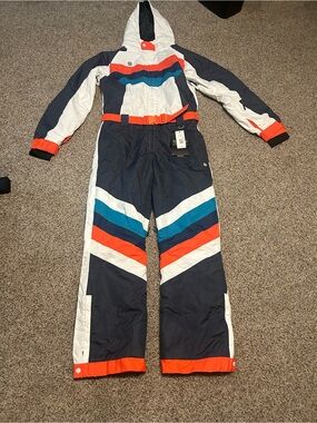 NWT Tipsy Elves Men’s Traverse Ski Suit – White/Grey/Orange/Navy/Teal – Size M